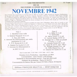 DISQUE LES TOURNANTS DE LA 2ème GUERRE MONDIALE - NOVEMBRE 1942 - VERSO