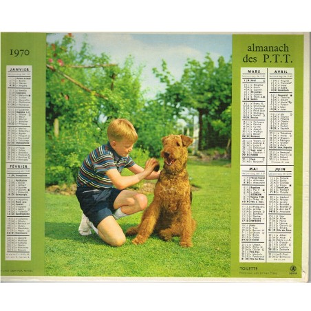 CALENDRIER ALMANACH DES PTT 1970 GARCON ET TOILETTE CHIEN - RECTO