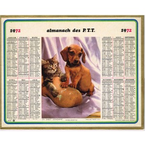 CALENDRIER ALMANACH DES PTT 1972 - CHIEN ET CHAT