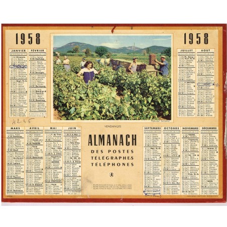 CALENDRIER  ALMANACH DES PTT 1958 -  VENDANGES