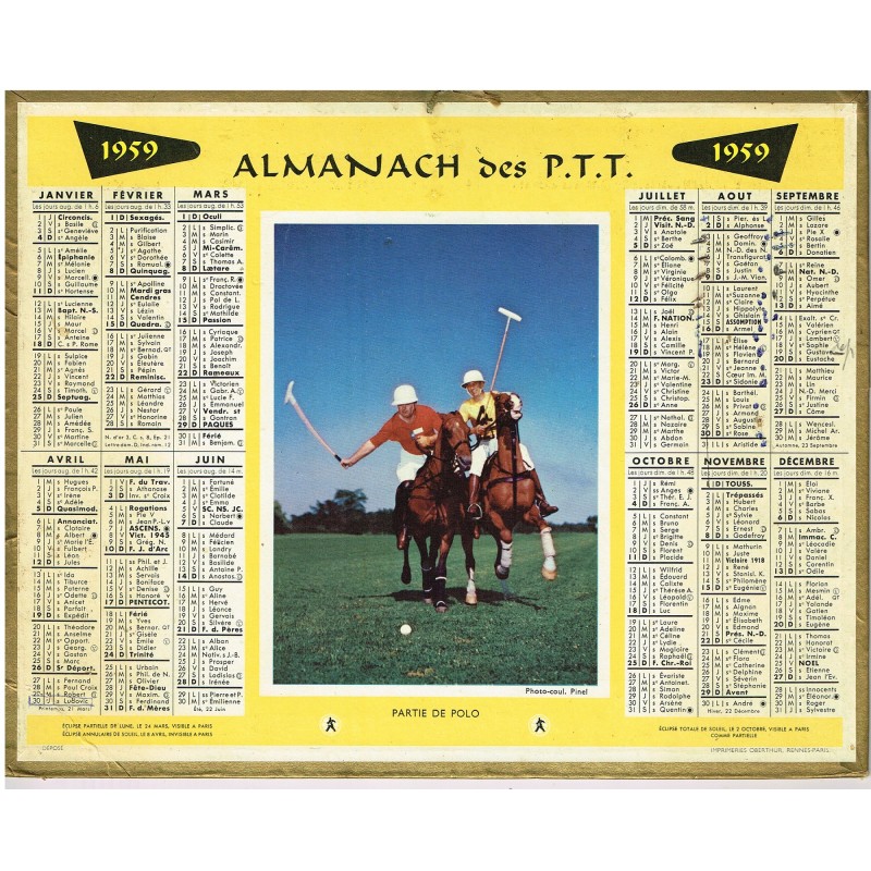 CALENDRIER  ALMANACH 1959  -  PARTIE DE POLO